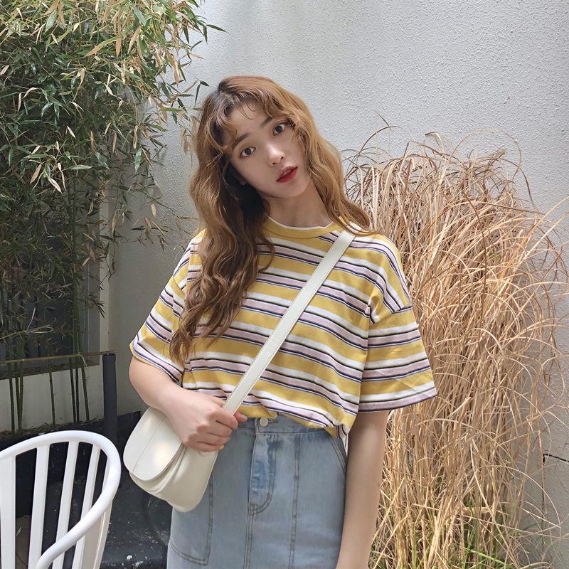 

Літня жіноча повсякденна корейська смугаста футболка з коротким рукавом у смужку 2021 року XL жовтий