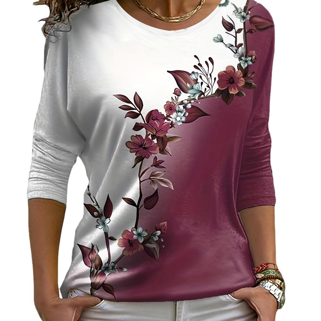 Rundhalsausschnitt 3D Blumen bedrucktes Top Modisches lässiges Langarm-Damen-T-Shirt