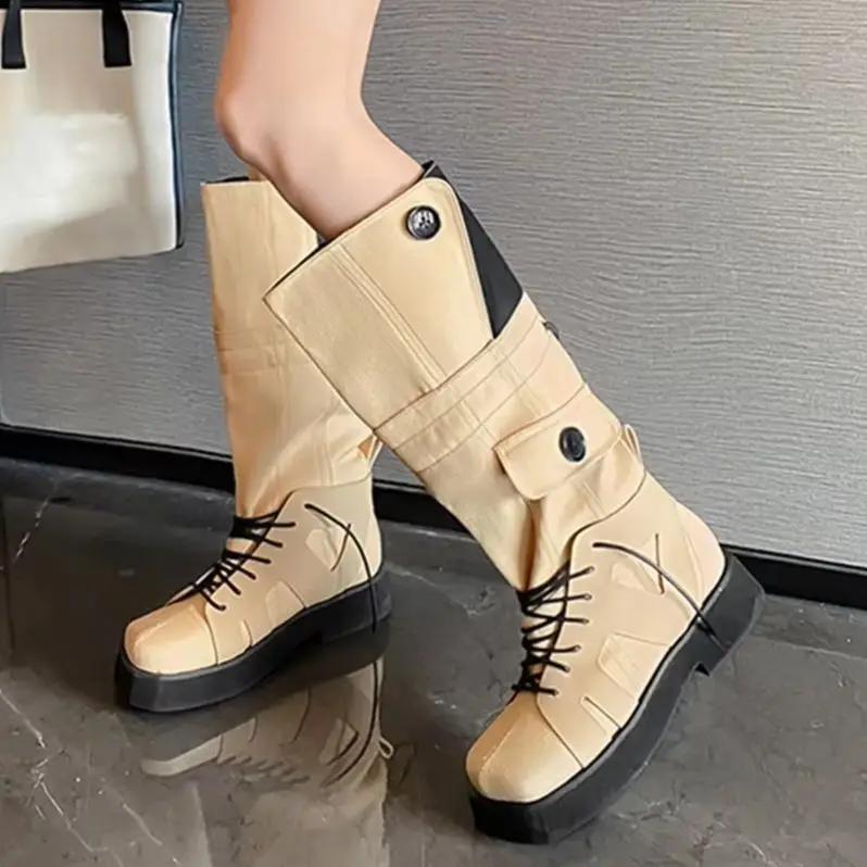 Fashion 2025 Winter Fashion Women Boots Mixed Color Splicing Knee High Boots Rubber Platform Square Toe Lace Up Novelty Boots