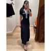 European and American Denim Tassel Trim Patchwork Round Neck Metal Buckle Slim Fit Knitted Dress Women Stretch Tight Dress
