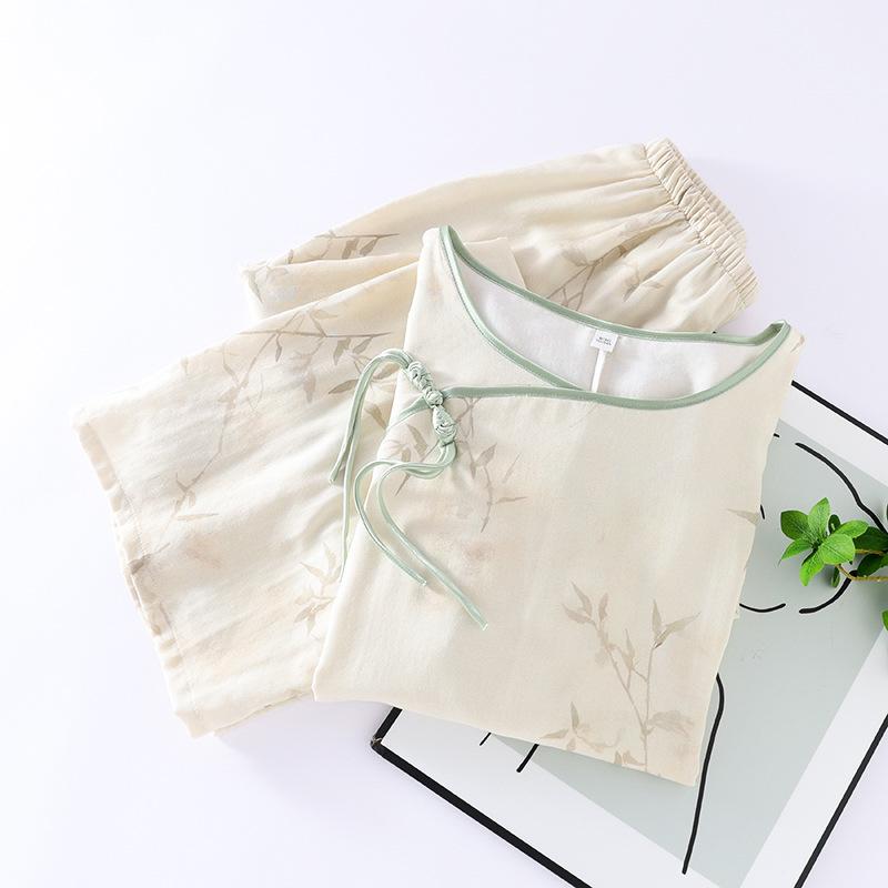 Women's Bamboo Cotton Gauze Seven-Sleeve Pajamas, Spring/Summer Chinese Style Homewear Set
