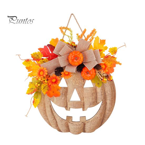 Illuminated Pumpkin Garland with Lights Wooden Halloween Door Sign LED Lights, Artificial Floral Hanging Burlap Wreath Berries Ornament for