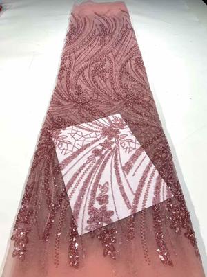 Luxury African Sequins Beaded Lace Fabric 2025 High Quality Lace 5 Yards Pink French Lace Fabric Nigerian Net Lace Fabrics Party