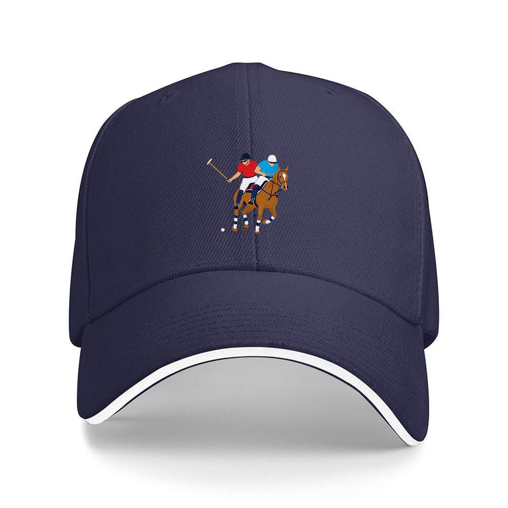 One Piece Featuring Two Polo Players Riding Horses a Printed Baseball Cap That Is Unisex And Appropriate for Any Season