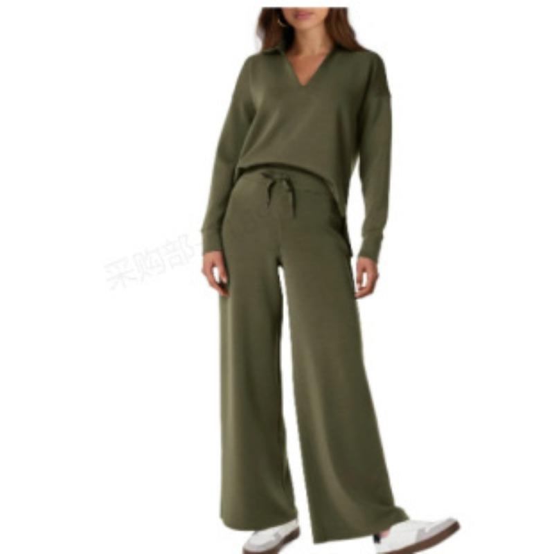VEZFAA Damesmode Casual Lente Herfst Effen Kleur Print Lange Mouw POLO Hals Broek Pakken