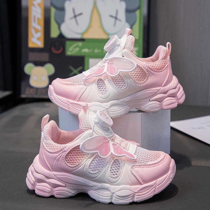Girls sneakers 2025 rotating button shoes butterfly princess wind dad shoes breathable mesh children's casual shoes