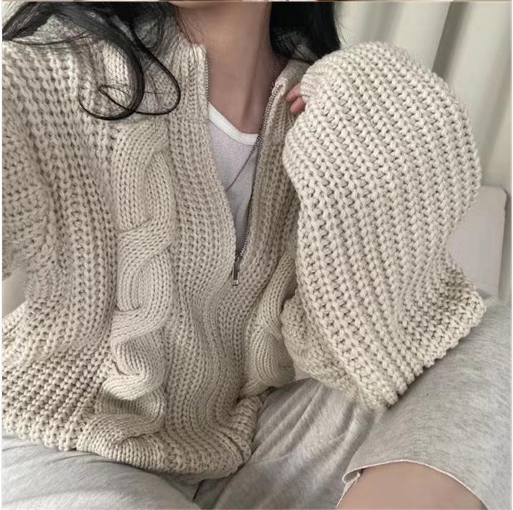 Korean Retro Chic Autumn/Winter Loose Zipper Cable Knit Women's Cardigan