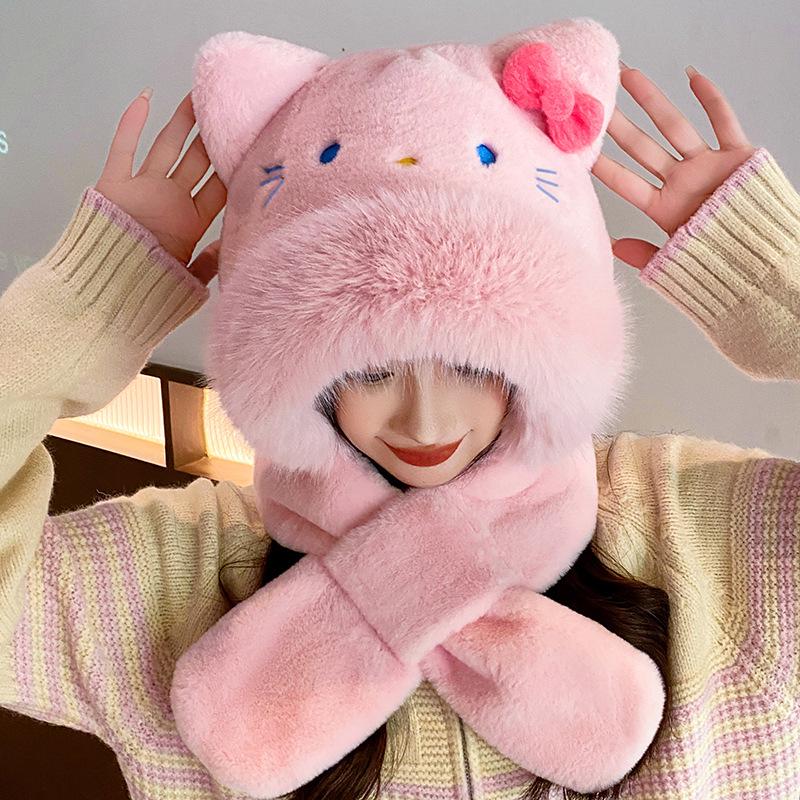 KT Cat Ears Plush Three-in-One Winter Set: Warm Hooded Scarf, Hat, and Gloves
