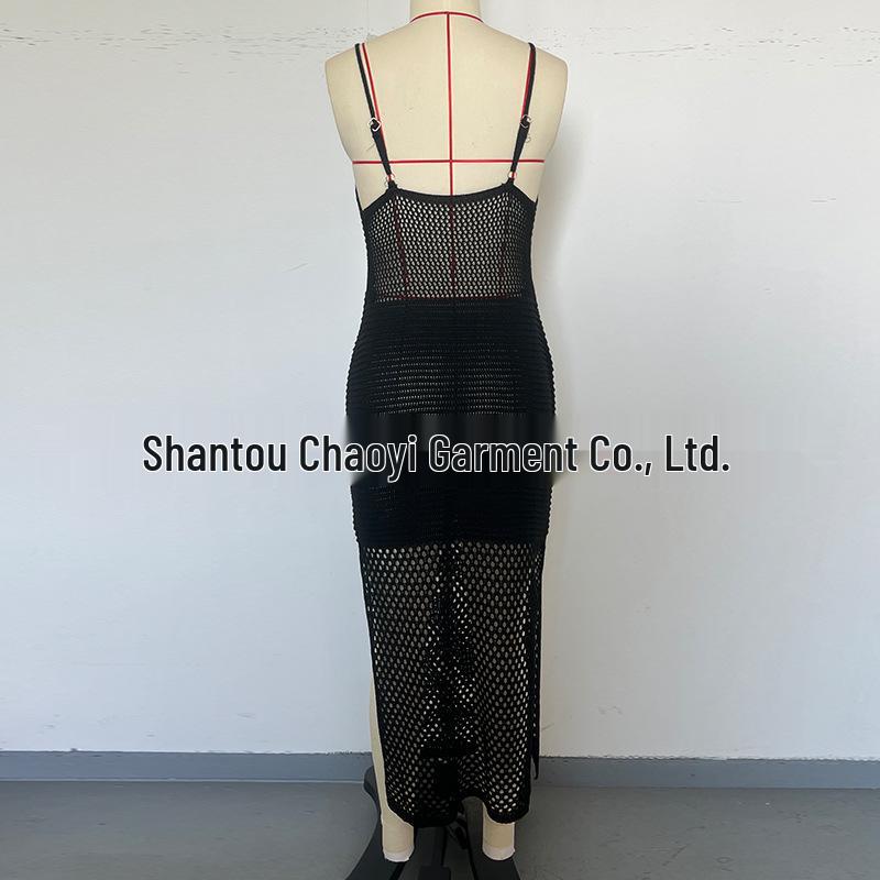 3D Häkel Maxikleid mit hohem Schlitz, Spaghetti-Trägern und Cut-Outs