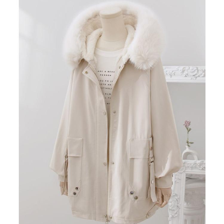 Zimní trendy parka s kapucí z umělé kožešiny a hřejivou podšívkou pro ženy