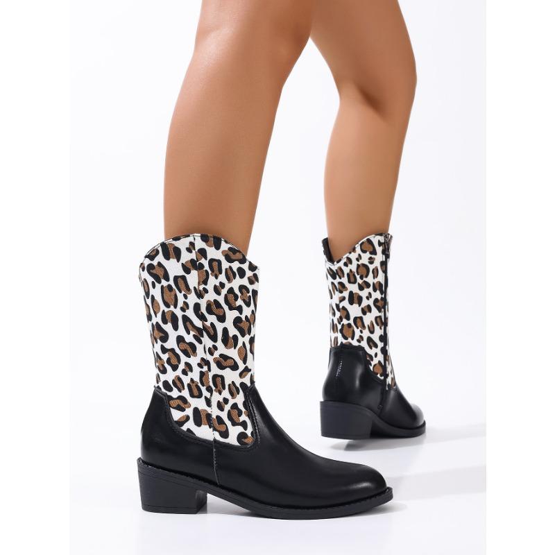 Women's High Heel Cowboy Boots Women's New Autumn and Winter Leather Boots Ethnic Style Middle Heel Pointed Middle Boots