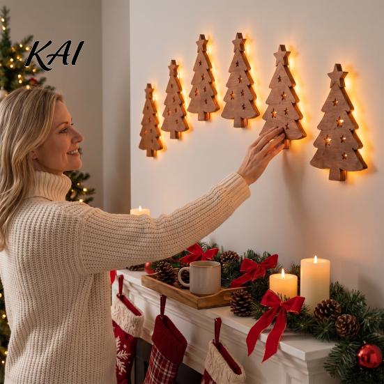 Rustic Christmas Home Ornaments 7PCS Wooden Wall Lights, Warm LED Backlight Glowing Silhouette Decorative Elk Figures Pendants, Style Hanging