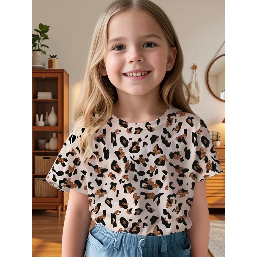 T-shirty w krowie wzory dla dziewczynek Codzienne ubrania dla dziewczynek 7-8 lat Góry z krótkim rękawem Na zewnątrz Harajuku Okrągły dekolt Koszulki Dziecięca koszulka