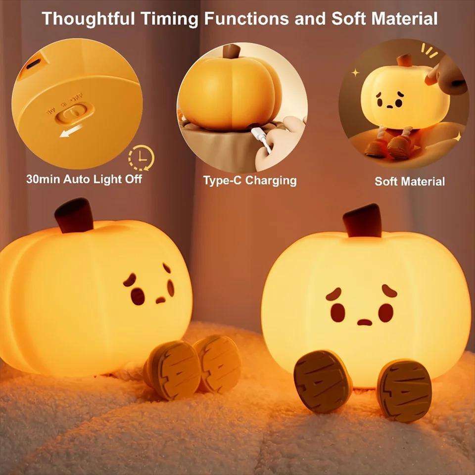 Sad Face Pumpkin Night Lights Cute Soft Silicone Safe Lamp Decorations Timing Dimmable Bedside Decor Kids Baby Halloween Gifts Holiday