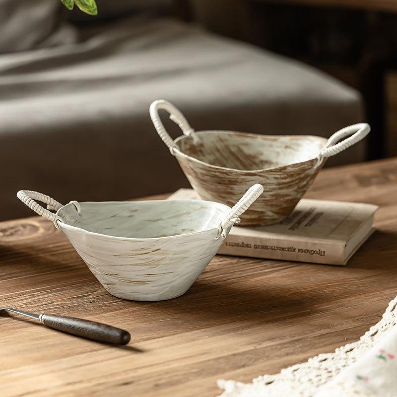 Old-Fashioned Ceramic Binaural Bowl, Retro Braided Rope, Hand-Held Bowl, Tableware Bowl, Restaurant, Japanese Salad Bowl, Household Bowl.