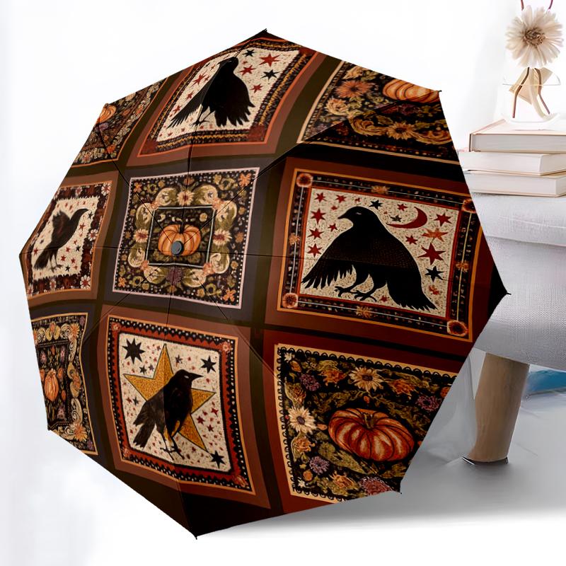 1pc Christmas Clock Combination Pattern Sturdy 8-Bone Auto Umbrella, Bright Umbrella, Digital Printed, Foldable Umbrella for On-the-Go Outdoor Use