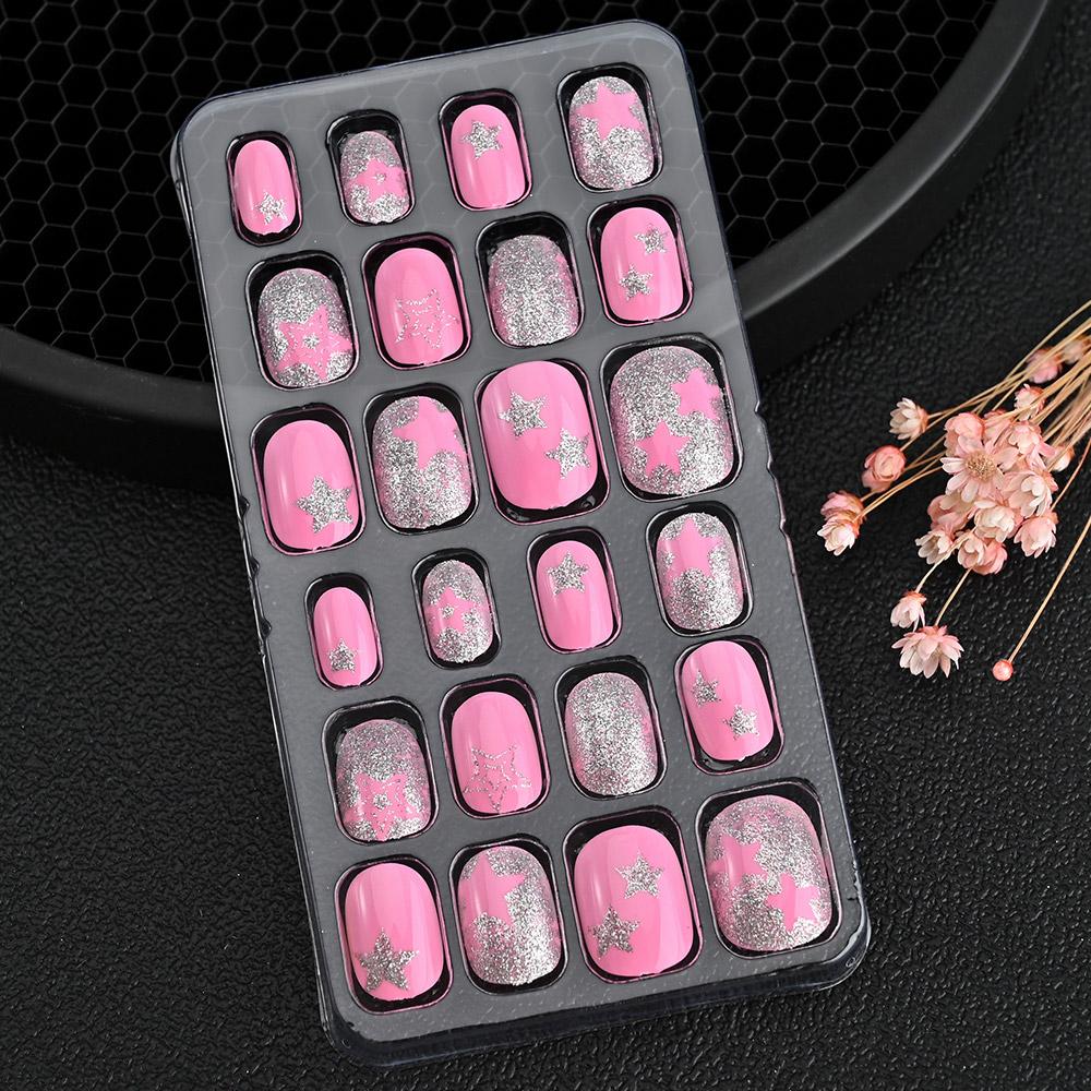 24pcs/box Candy Kids False Nail Cartoon Full Cover Press On Fake Nails Tips Kawaii Acrylic Artificial Fingernails for Girls