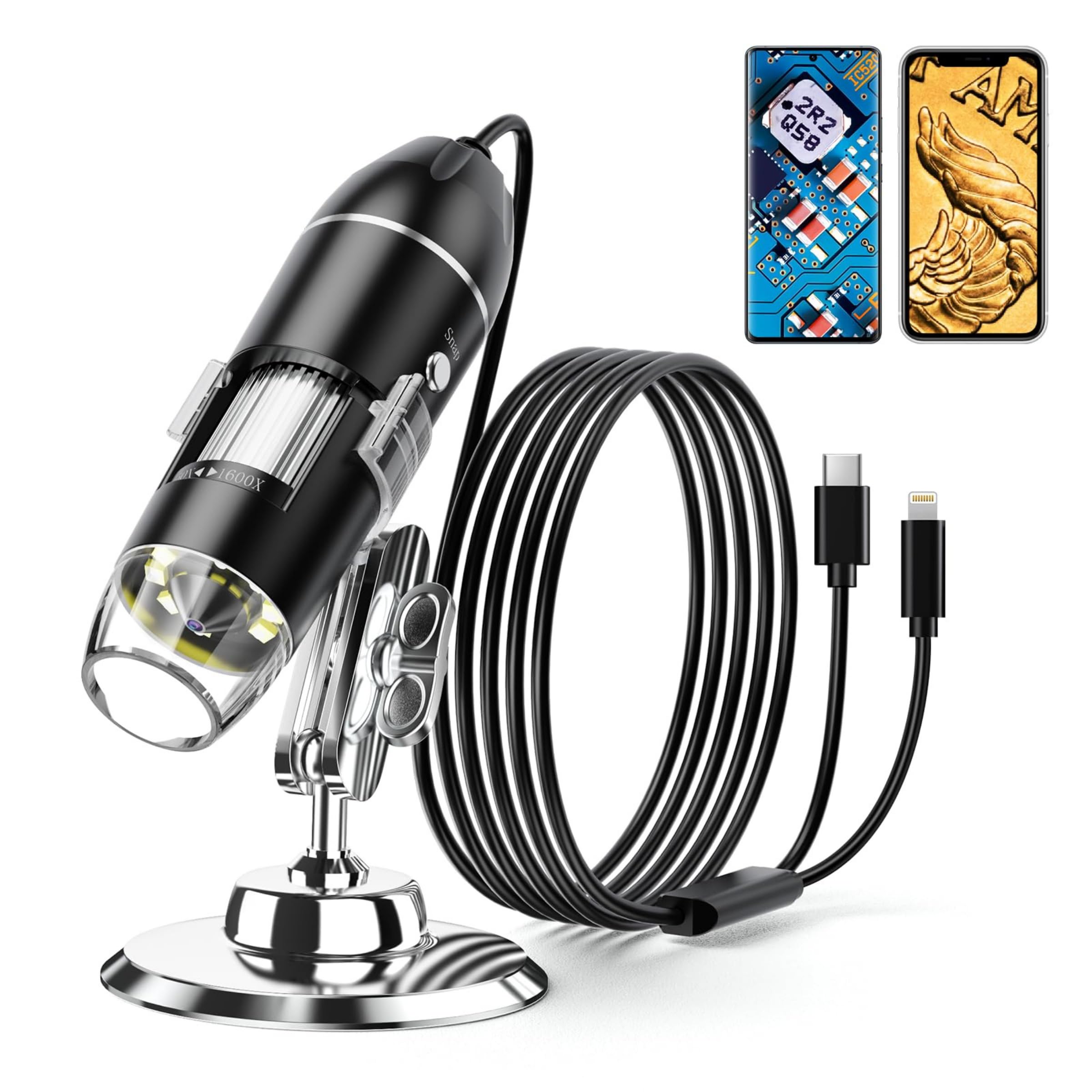 

USB Digital Microscope, Handheld HD Inspection Camera with Adjustable Stand, 50x-1600x Magnification, 8 LED Lights, Compatible with iOS and Android