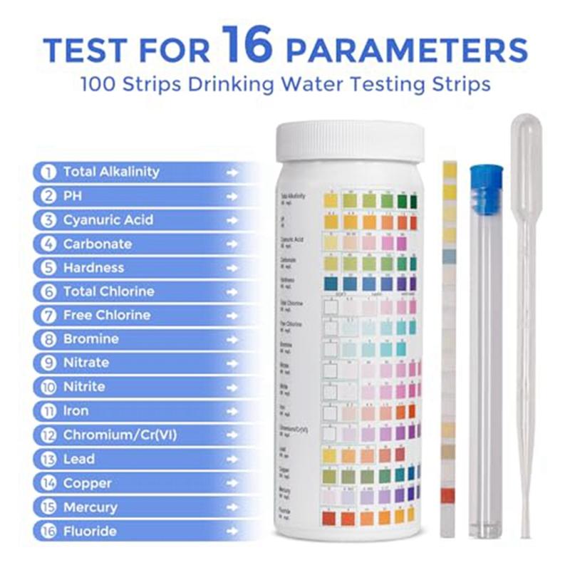16-In-1 Water Test Strips Fluoride Test Kit 100 Strips Home Water Quality Test Kit