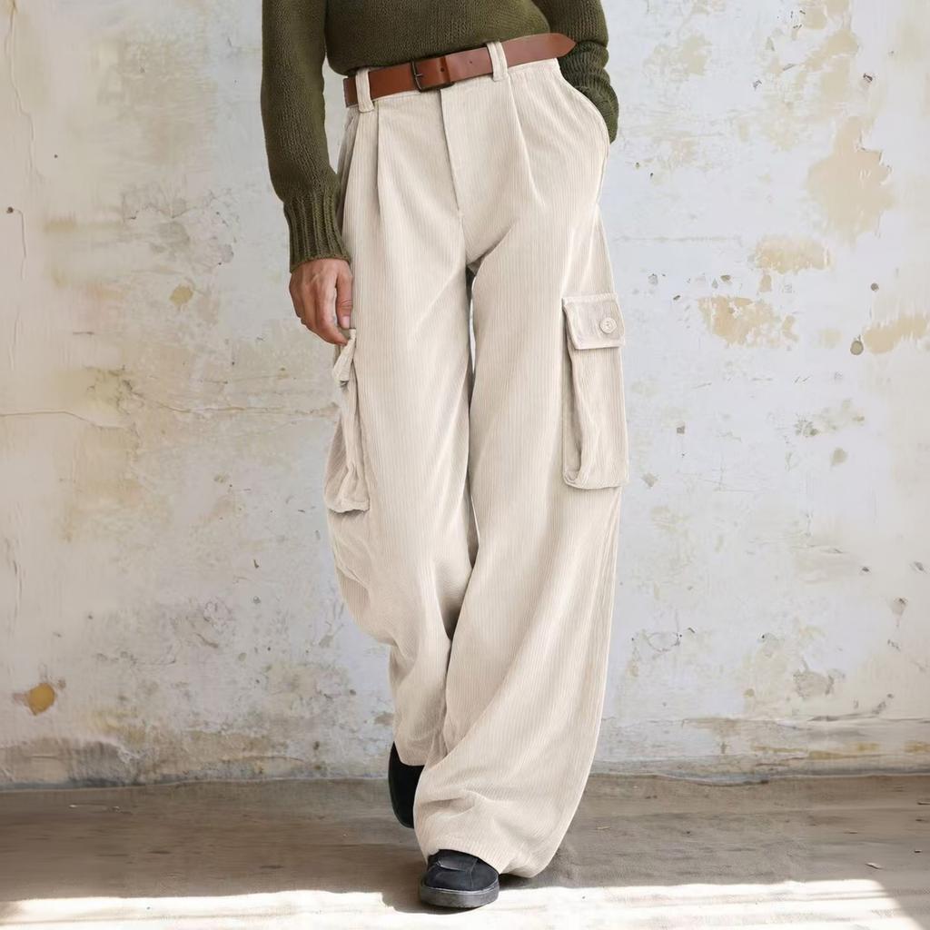 Women's High Waist Corduroy Cargo Pants with Pockets, Casual Versatile Long Trousers
