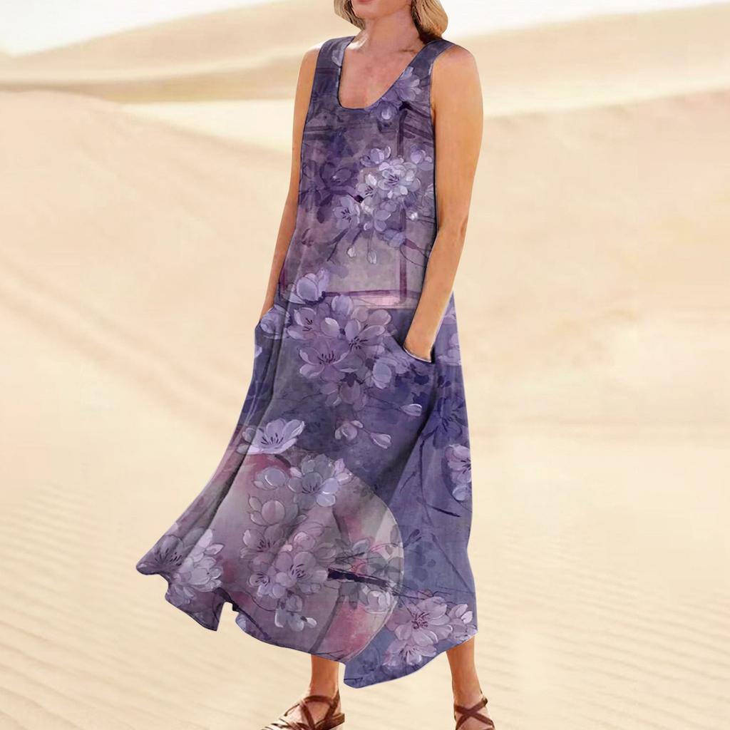 Women's Casual Comfortable Floral Print Sleeveless Cotton Pocket Dress