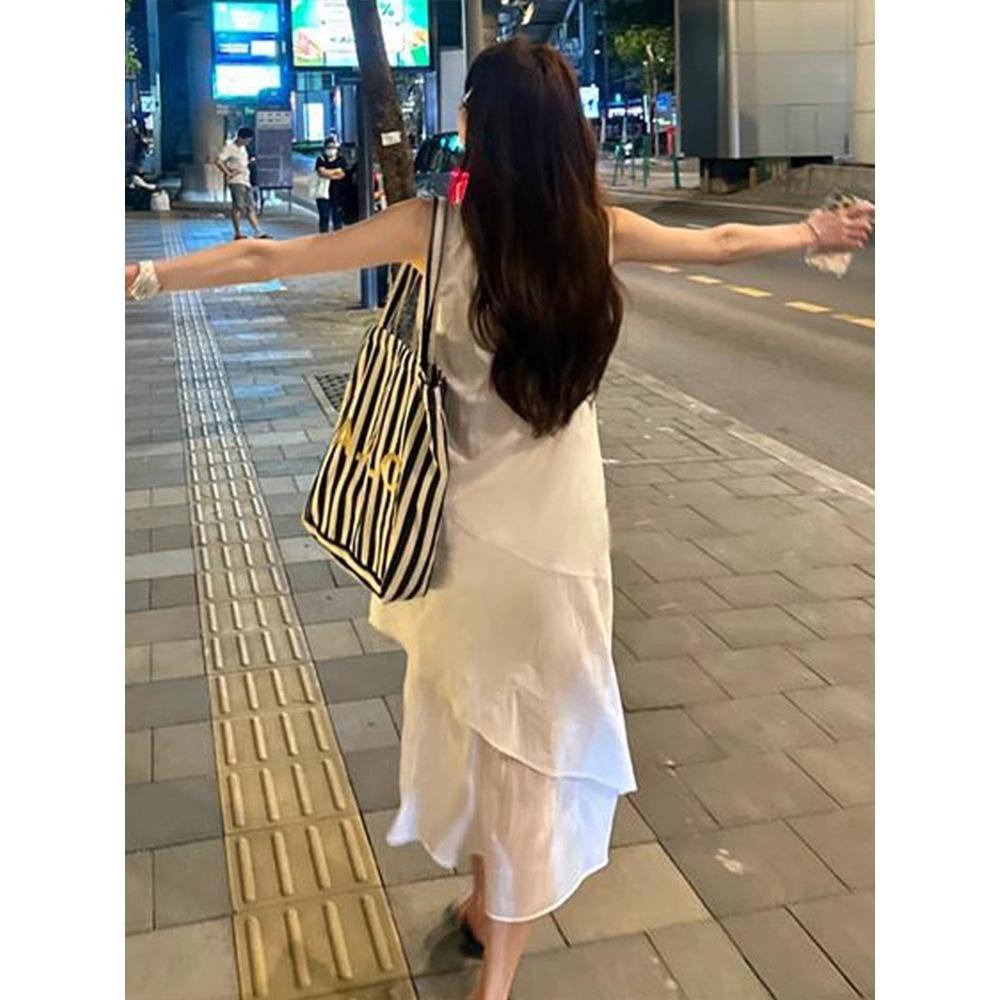White vest skirt women's summer new French loose design medium and long irregular suspender dress