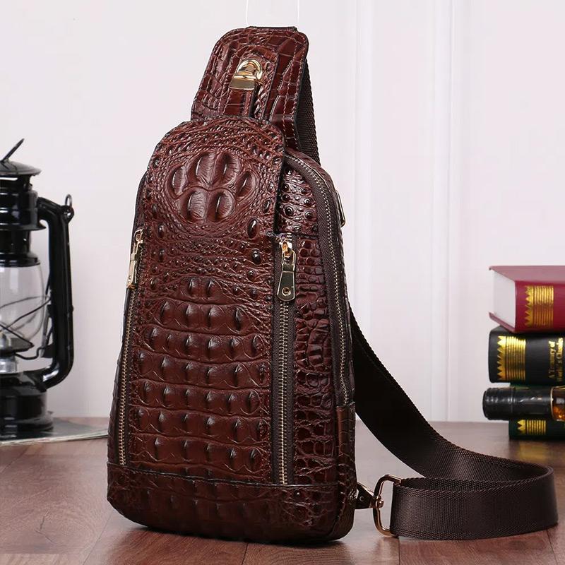 

Нагрудная сумка из крокодиловой кожи, мужская сумка-мессенджер, поясная сумка, трендовая кожаная сумка на плечо, повседневная модная однотонная сумка 30cm*6cm*20cm коричневый
