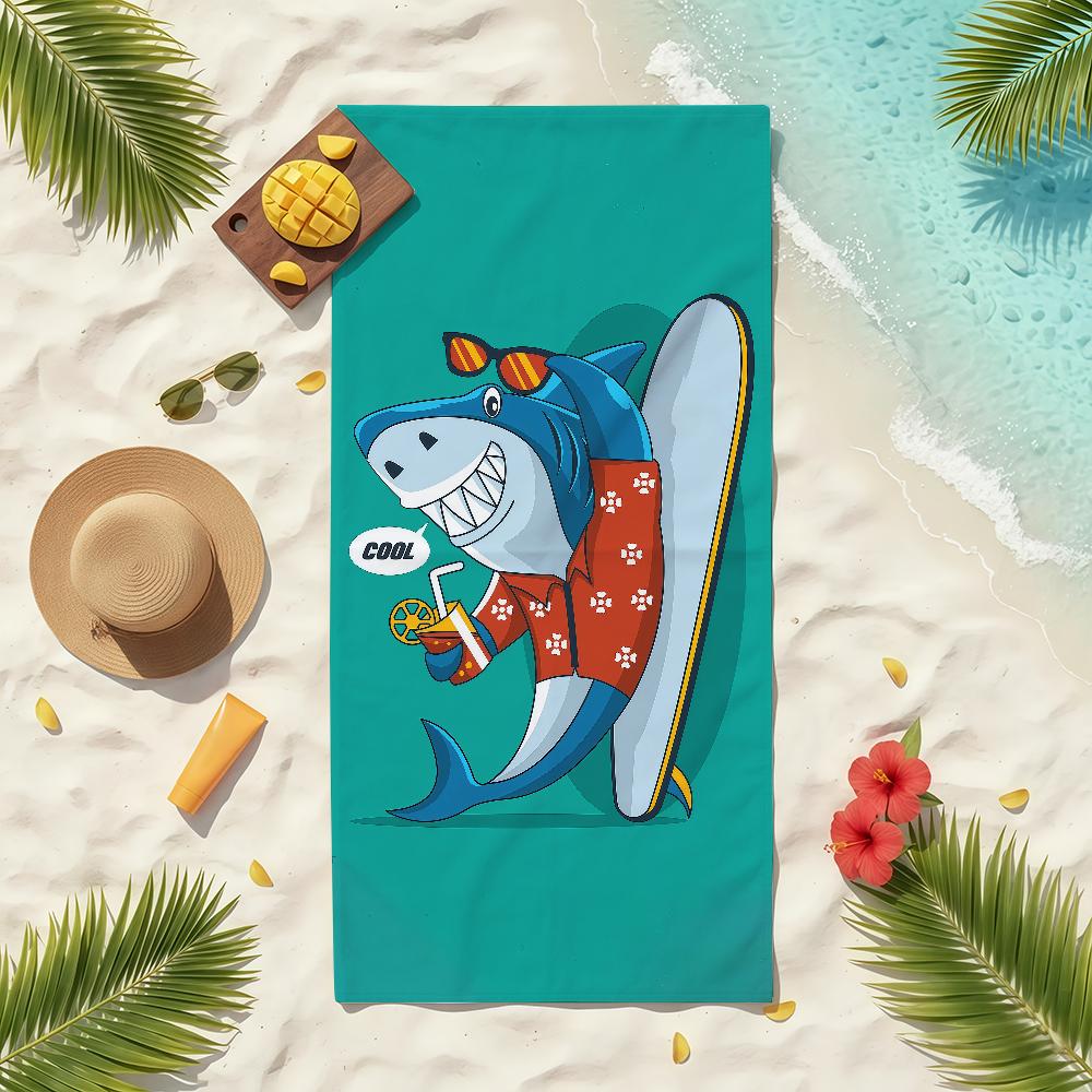 Cartoon Shark Surfing Towel Soft Pool Gift For Travel Gym Shower Camping Quick Dry Sports Beach Towels
