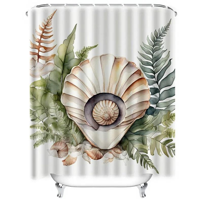 Watercolor Shell and Ferns Waterproof Shower Curtain - Elegant Design for Bathroom Decor, Perfect for a Stylish and Unique Look