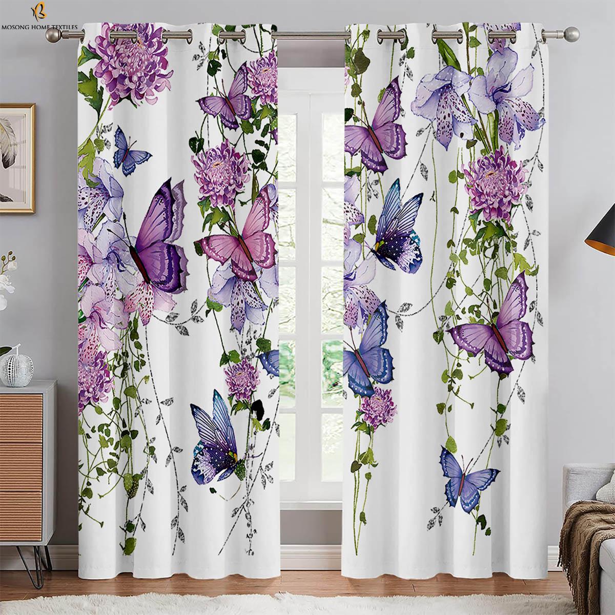 

Цветочные бабочки розовые шторы с принтом подходят для спальни гостиной кабинета кухни декоративные шторы легко стирать и ухаживать W50xH130(CM)x2PCS&Rod pocket