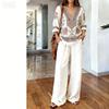 1116 Bohemian Print Cotton and Linen Shirt Wide-leg Pants Two-piece Set, Vacation Casual Suit Women Y1