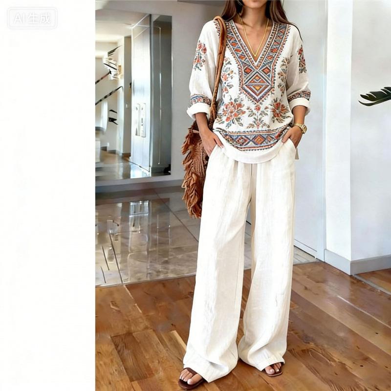 1116 Bohemian Print Cotton and Linen Shirt Wide-leg Pants Two-piece Set, Vacation Casual Suit Women Y1