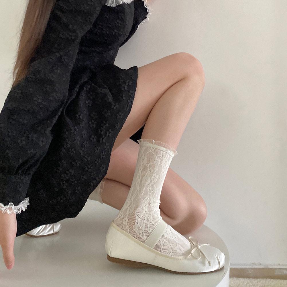 Spring And Summer Thin Meat-Through Lace Tube Socks Women'S White Hollow Mesh Stacking Socks Japanese Sweet Calf Socks