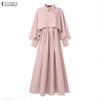 ZANZEA Women Muslim Casual Round Neck Solid Color Long Sleeve Loose Dress