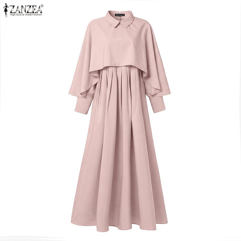 ZANZEA Women Muslim Casual Round Neck Solid Color Long Sleeve Loose Dress