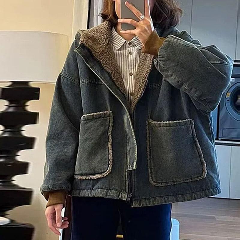 Kabát pro ženy Bavlna Zesílený Plyšový Podzim Zima Rukáv Oversize Ležérní Zip Návrat do minulosti Džínová bunda