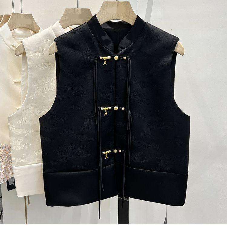 

2025 новый короткий ретро топ без рукавов на пуговицах для ежегодных поездок на работу M [Recommended below 50kg] чёрный