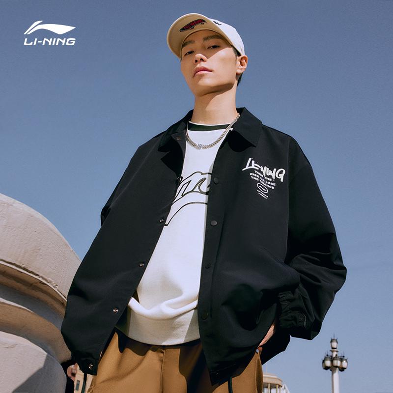 Li-Ning American Retro Letter Print Casual Polo Jacket Men Jackets Black AJDT499-1