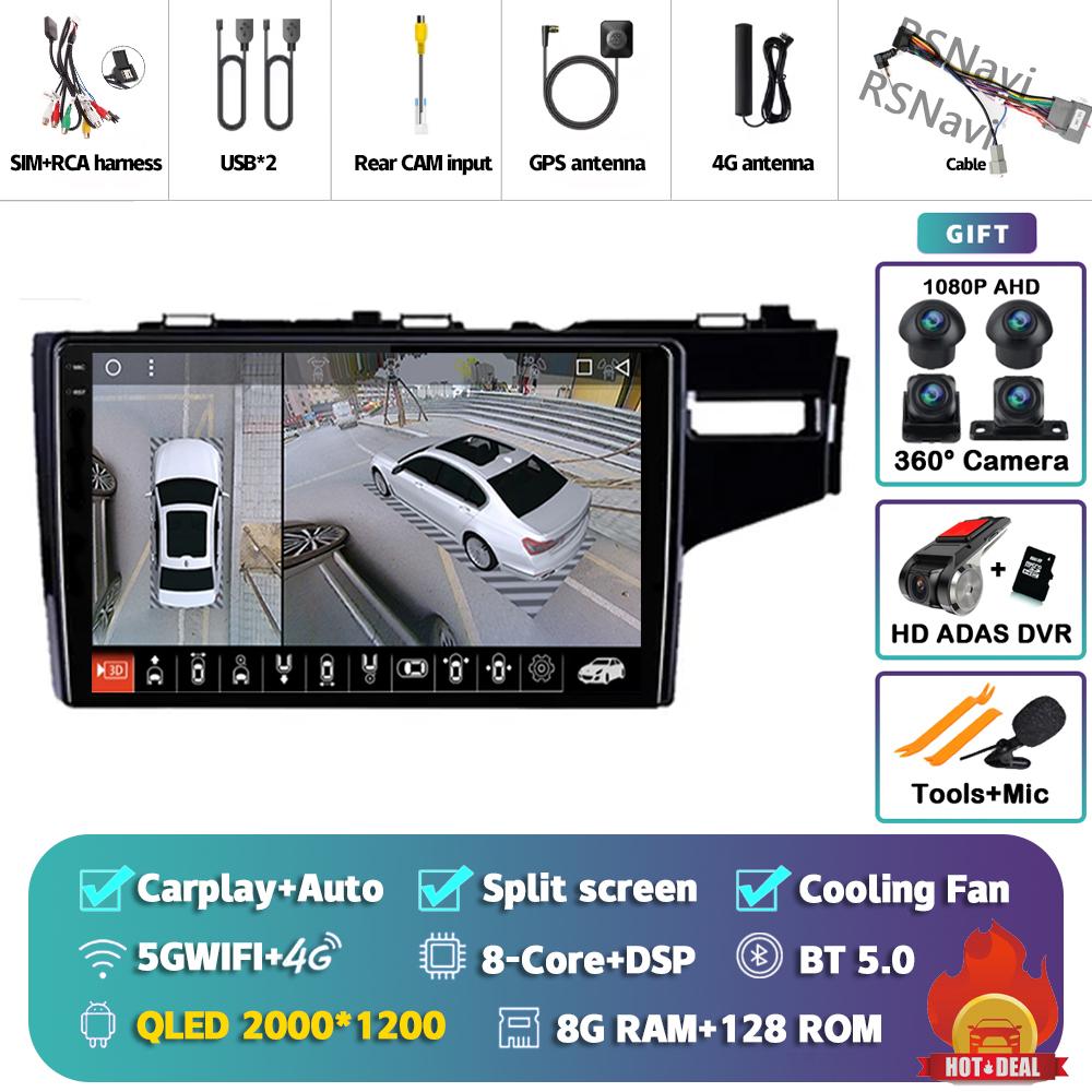 Android 14 Carplay Auto For Honda Jazz Fit 2014 - 2015 Car Radio Player Multimedia Stereo 360 Camera Navigation Video AI Voice