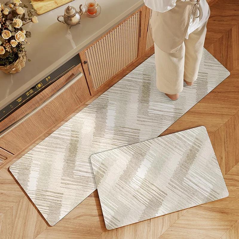 Fiber Leather Natural Rubber Kitchen Floor Mat, Soft Q-elastic Long Kitchen Mats Absorbs Water, Oil and Non-slip Foot Pads