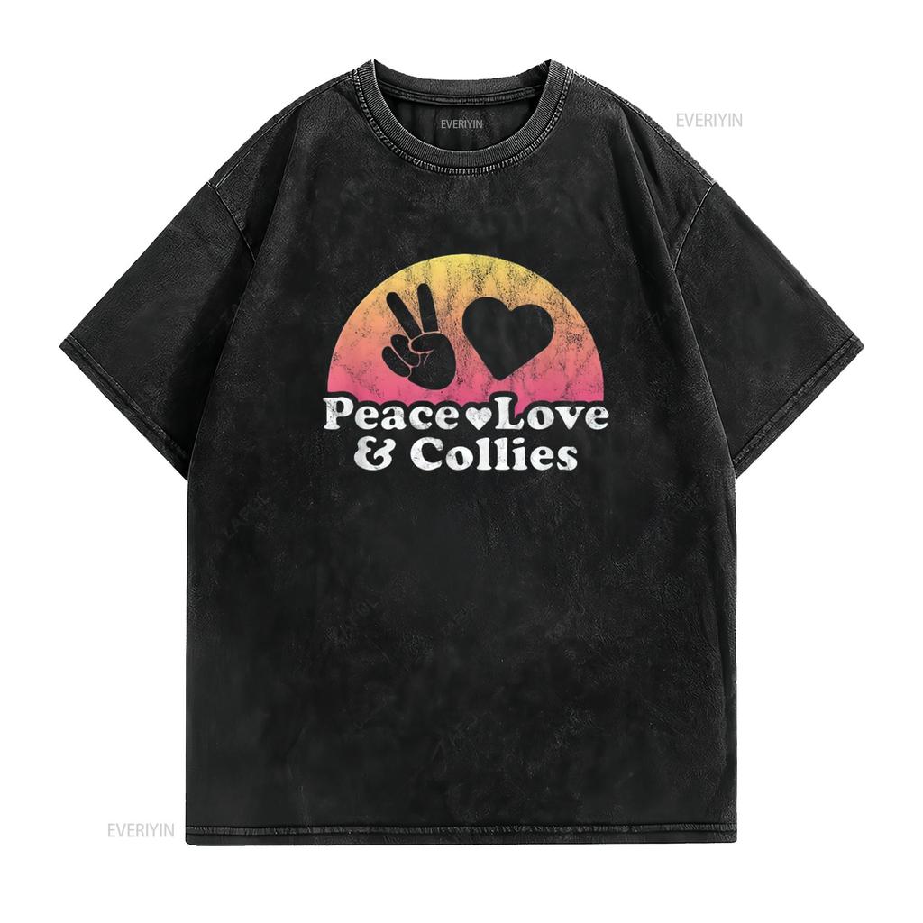 Womens Peace Love and Collies Collie T Shirt Black Large vintage Washed Versatile Breathable homme graphic Unisex Stylish