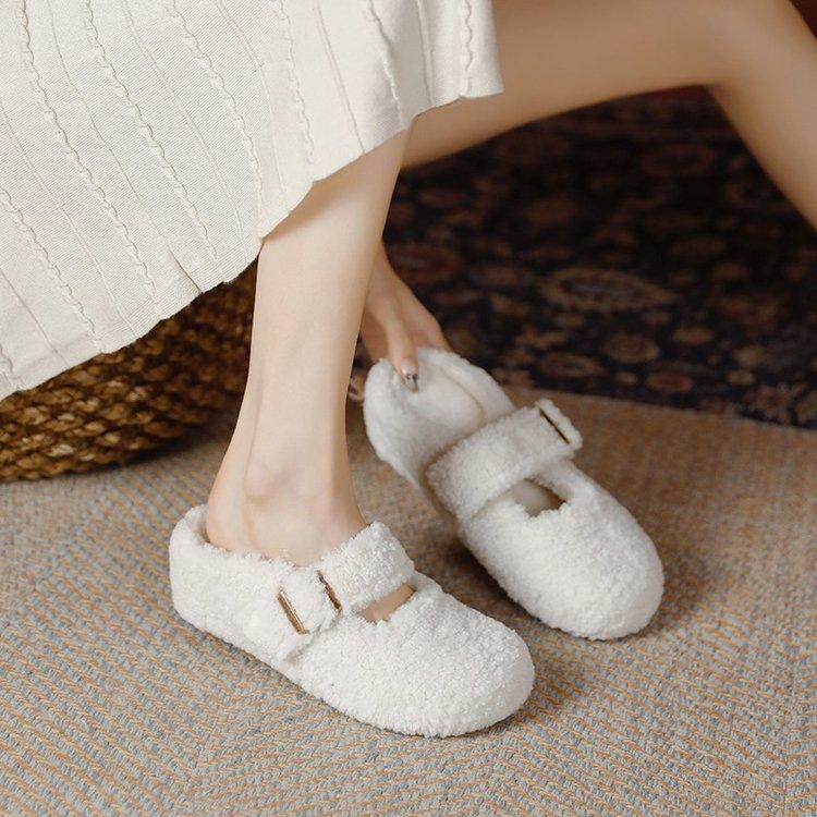 Baotou fluffy shoes for women to wear outside 2025 winter new warm and plush lazy thick-soled muffin half-towed cotton slippers for women