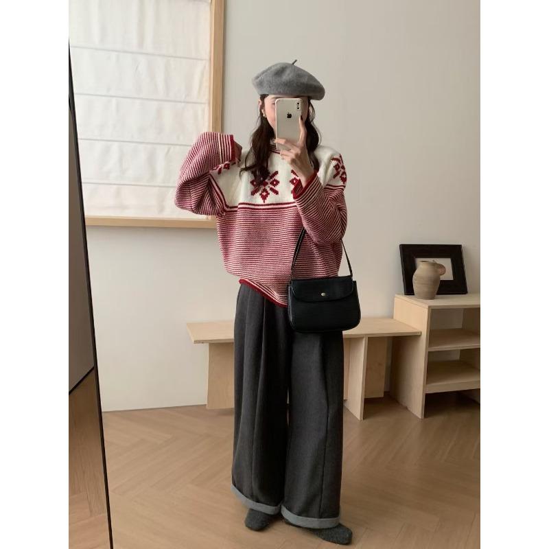 

Vintage Fair Island jacquard knitted pullover for women s autumn and winter new thickened Christmas striped loose knitted sweater for women average size