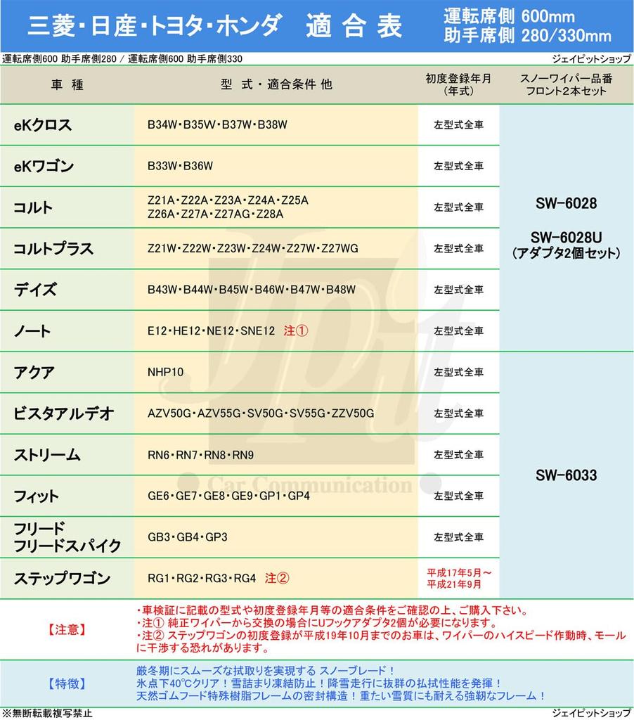 Snow FESCO 600mm x for Vista Freed Step WGN [Front Set] Wipers, SW-6033, 330mm, Toyota, Honda, Aqua, Ardeo, Stream, Fit, Freed, Spike,