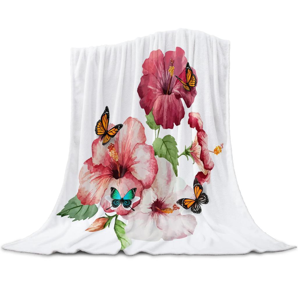 Blue Flower Watercolor Painting Throw Blanket Portable Soft Sofa Blanket Warm Flannel Blanket for Beds Sofa Couch King Full Size