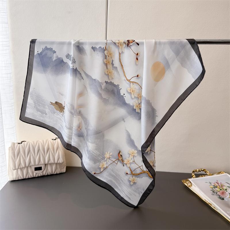 Printed Imitation Silk Ink Rhyme Landscape Silk Scarf Square Scarf High-End Shawl Versatile Neck Small Square Scarf Headscarf