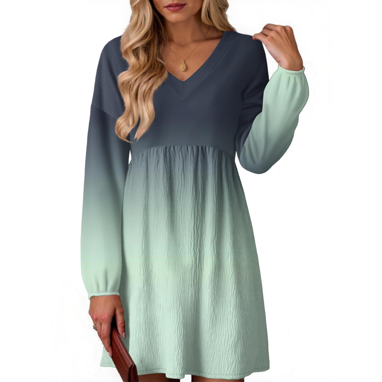 

Women s Fashion Gradient V-Neck Long Sleeve Dress L циан