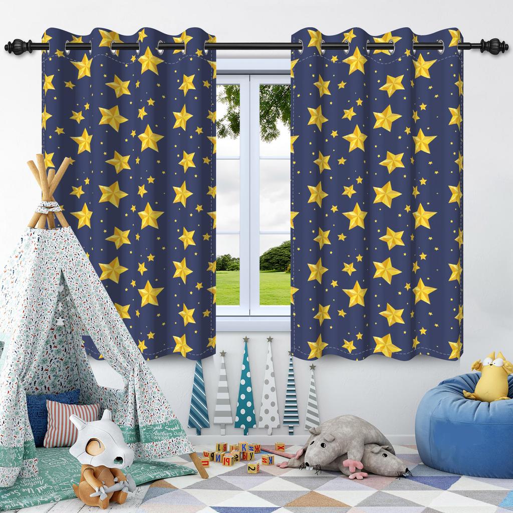 2pcs Moon Stars Window Curtains Children Bedroom Home Living Room Decoration Blackout Curtain Heat Insulation Noise Reduction