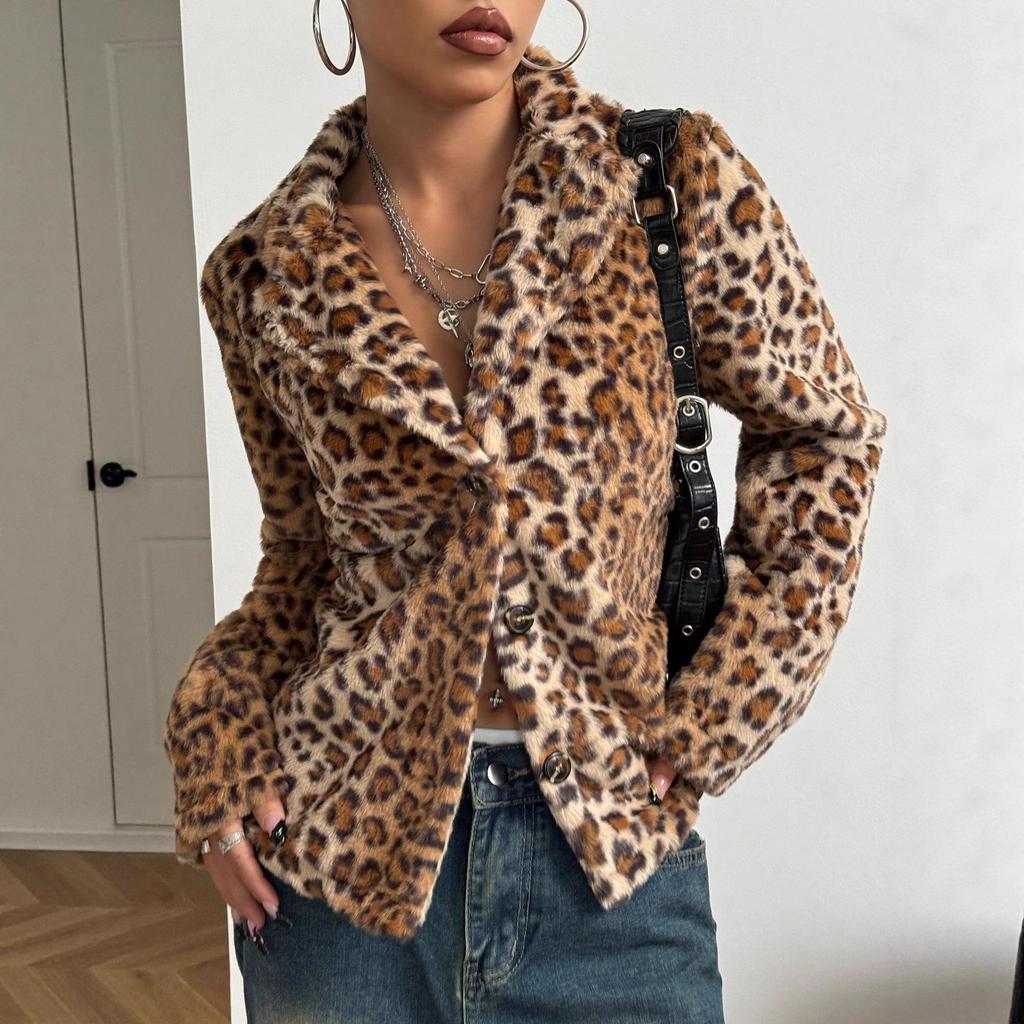 Women's European & American INS New Leopard Print Button-Down Lapel Coat
