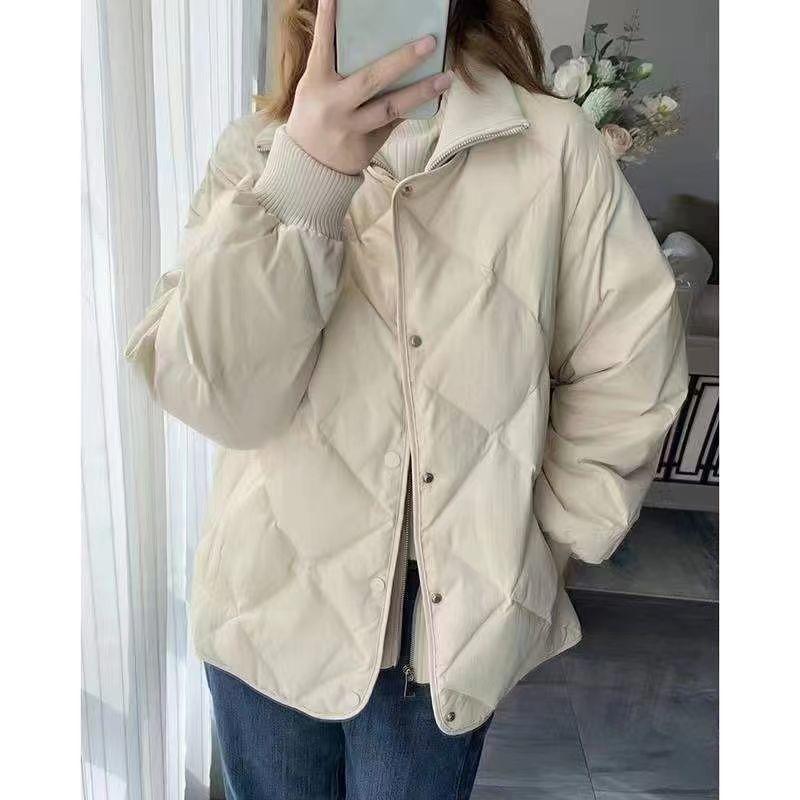 Women's Winter Lightweight Diamond Pattern Cotton Padded Jacket Korean Style Loose Outerwear Fleece-Lined Thickened